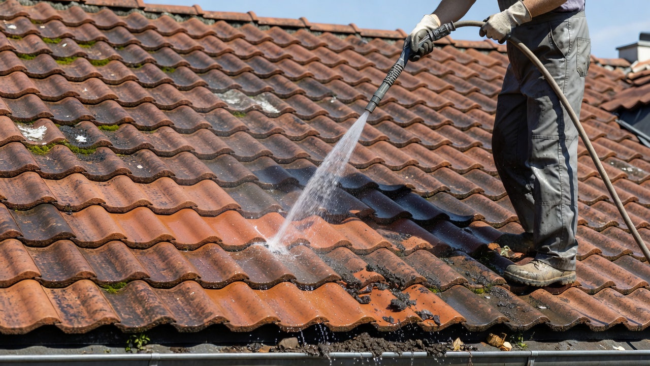 Clearly visible roof tiles being cleaned