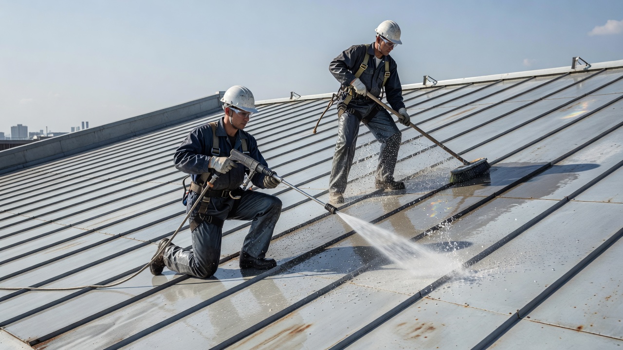 Realistic metal roof surface being professionally cleaned