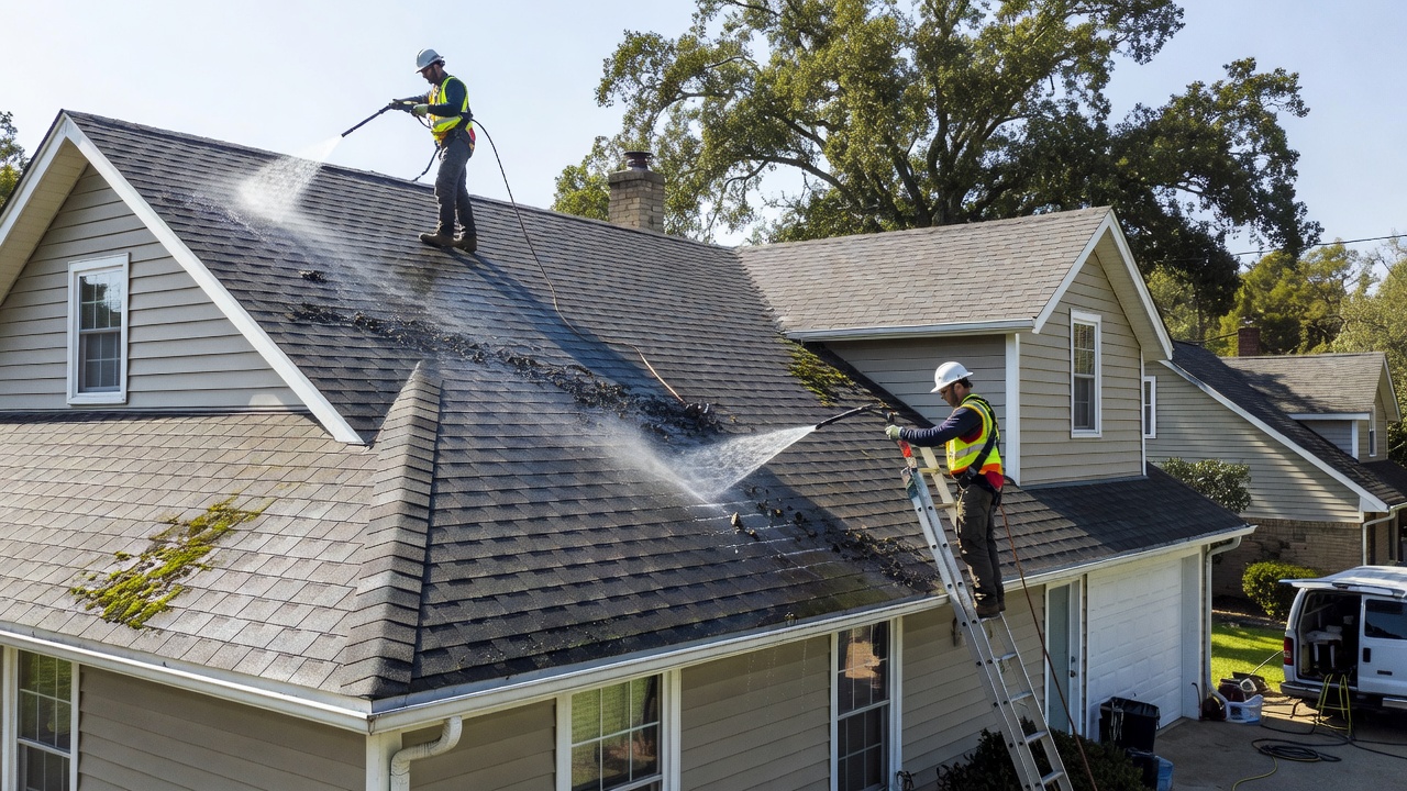 Realistic residential roof being professionally cleaned