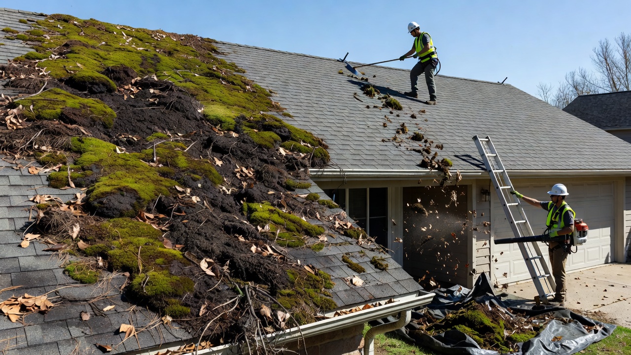 Relevant organic buildup on roof and professional removal