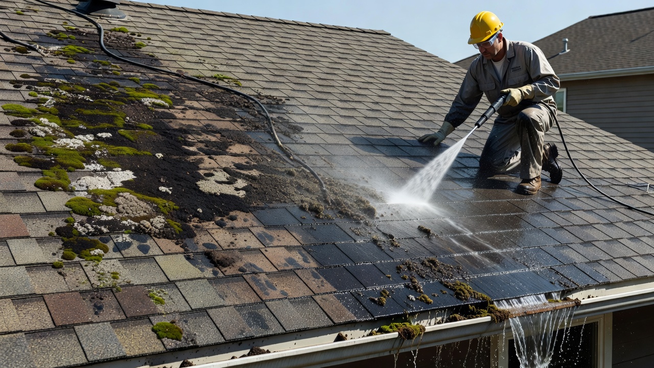 Visible roof staining and realistic cleaning process